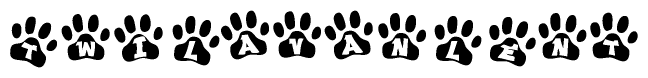 The image shows a series of animal paw prints arranged in a horizontal line. Each paw print contains a letter, and together they spell out the word Twilavanlent.