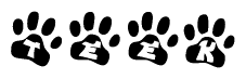 The image shows a series of animal paw prints arranged horizontally. Within each paw print, there's a letter; together they spell Teek