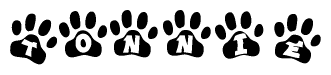 The image shows a series of animal paw prints arranged in a horizontal line. Each paw print contains a letter, and together they spell out the word Tonnie.