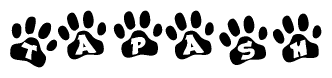 The image shows a series of animal paw prints arranged in a horizontal line. Each paw print contains a letter, and together they spell out the word Tapash.