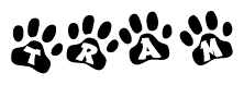 The image shows a row of animal paw prints, each containing a letter. The letters spell out the word Tram within the paw prints.