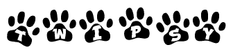 The image shows a series of animal paw prints arranged horizontally. Within each paw print, there's a letter; together they spell Twipsy