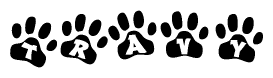 The image shows a series of animal paw prints arranged horizontally. Within each paw print, there's a letter; together they spell Travy