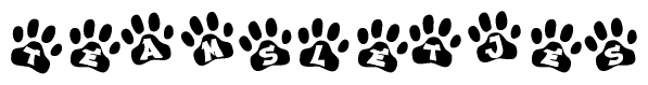 The image shows a series of animal paw prints arranged in a horizontal line. Each paw print contains a letter, and together they spell out the word Teamsletjes.