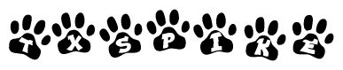 The image shows a row of animal paw prints, each containing a letter. The letters spell out the word Txspike within the paw prints.