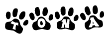 The image shows a row of animal paw prints, each containing a letter. The letters spell out the word Tona within the paw prints.