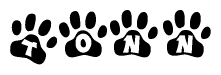 The image shows a row of animal paw prints, each containing a letter. The letters spell out the word Tonn within the paw prints.