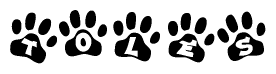 The image shows a series of animal paw prints arranged horizontally. Within each paw print, there's a letter; together they spell Toles