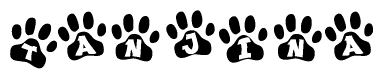 The image shows a series of animal paw prints arranged horizontally. Within each paw print, there's a letter; together they spell Tanjina