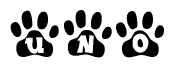 The image shows a row of animal paw prints, each containing a letter. The letters spell out the word Uno within the paw prints.