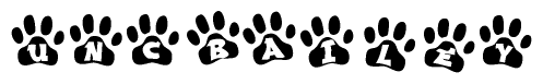 The image shows a row of animal paw prints, each containing a letter. The letters spell out the word Uncbailey within the paw prints.