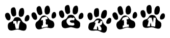 The image shows a row of animal paw prints, each containing a letter. The letters spell out the word Vickin within the paw prints.