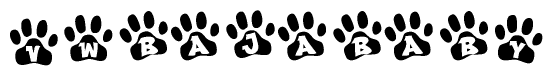 The image shows a series of animal paw prints arranged horizontally. Within each paw print, there's a letter; together they spell Vwbajababy