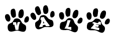 The image shows a series of animal paw prints arranged horizontally. Within each paw print, there's a letter; together they spell Vale