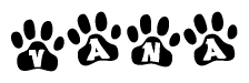 The image shows a row of animal paw prints, each containing a letter. The letters spell out the word Vana within the paw prints.