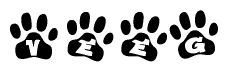 The image shows a row of animal paw prints, each containing a letter. The letters spell out the word Veeg within the paw prints.