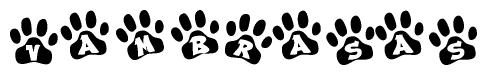The image shows a series of animal paw prints arranged in a horizontal line. Each paw print contains a letter, and together they spell out the word Vambrasas.
