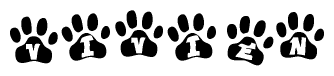The image shows a series of animal paw prints arranged horizontally. Within each paw print, there's a letter; together they spell Vivien