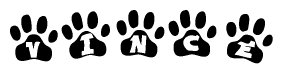 The image shows a series of animal paw prints arranged in a horizontal line. Each paw print contains a letter, and together they spell out the word Vince.