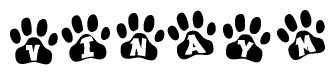 The image shows a series of animal paw prints arranged horizontally. Within each paw print, there's a letter; together they spell Vinaym