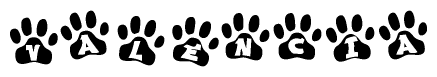 The image shows a row of animal paw prints, each containing a letter. The letters spell out the word Valencia within the paw prints.