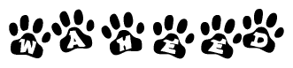 The image shows a series of animal paw prints arranged in a horizontal line. Each paw print contains a letter, and together they spell out the word Waheed.