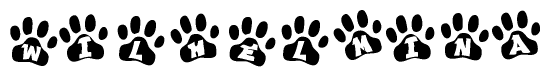 The image shows a series of animal paw prints arranged in a horizontal line. Each paw print contains a letter, and together they spell out the word Wilhelmina.