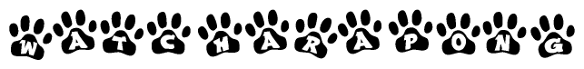 The image shows a series of animal paw prints arranged in a horizontal line. Each paw print contains a letter, and together they spell out the word Watcharapong.