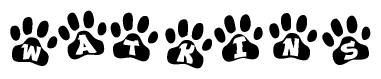 The image shows a row of animal paw prints, each containing a letter. The letters spell out the word Watkins within the paw prints.