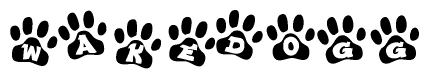The image shows a series of animal paw prints arranged horizontally. Within each paw print, there's a letter; together they spell Wakedogg