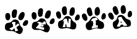 The image shows a row of animal paw prints, each containing a letter. The letters spell out the word Xenia within the paw prints.