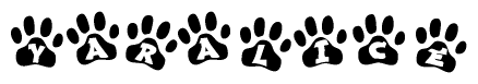 The image shows a row of animal paw prints, each containing a letter. The letters spell out the word Yaralice within the paw prints.