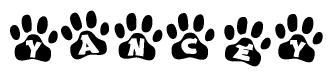 The image shows a series of animal paw prints arranged horizontally. Within each paw print, there's a letter; together they spell Yancey