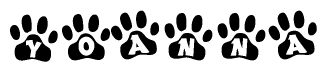 The image shows a series of animal paw prints arranged horizontally. Within each paw print, there's a letter; together they spell Yoanna