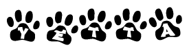 The image shows a series of animal paw prints arranged horizontally. Within each paw print, there's a letter; together they spell Yetta
