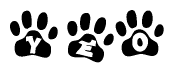 The image shows a row of animal paw prints, each containing a letter. The letters spell out the word Yeo within the paw prints.