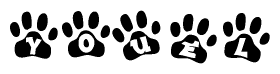 The image shows a row of animal paw prints, each containing a letter. The letters spell out the word Youel within the paw prints.