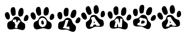 The image shows a series of animal paw prints arranged horizontally. Within each paw print, there's a letter; together they spell Yolanda