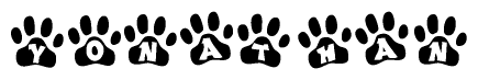 The image shows a series of animal paw prints arranged horizontally. Within each paw print, there's a letter; together they spell Yonathan