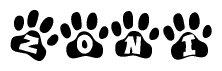 The image shows a series of animal paw prints arranged horizontally. Within each paw print, there's a letter; together they spell Zoni