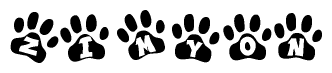 The image shows a series of animal paw prints arranged horizontally. Within each paw print, there's a letter; together they spell Zimyon