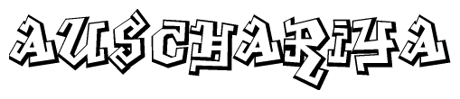 The clipart image depicts the word Auschariya in a style reminiscent of graffiti. The letters are drawn in a bold, block-like script with sharp angles and a three-dimensional appearance.