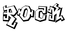 The image is a stylized representation of the letters Rock designed to mimic the look of graffiti text. The letters are bold and have a three-dimensional appearance, with emphasis on angles and shadowing effects.