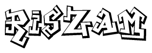 The image is a stylized representation of the letters Riszam designed to mimic the look of graffiti text. The letters are bold and have a three-dimensional appearance, with emphasis on angles and shadowing effects.