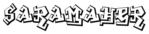 The image is a stylized representation of the letters Saramaher designed to mimic the look of graffiti text. The letters are bold and have a three-dimensional appearance, with emphasis on angles and shadowing effects.
