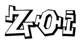 The image is a stylized representation of the letters Zoi designed to mimic the look of graffiti text. The letters are bold and have a three-dimensional appearance, with emphasis on angles and shadowing effects.