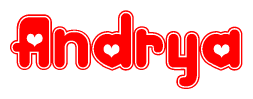The image is a red and white graphic with the word Andrya written in a decorative script. Each letter in  is contained within its own outlined bubble-like shape. Inside each letter, there is a white heart symbol.