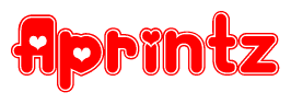 The image is a red and white graphic with the word Aprintz written in a decorative script. Each letter in  is contained within its own outlined bubble-like shape. Inside each letter, there is a white heart symbol.