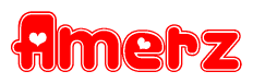 The image is a red and white graphic with the word Amerz written in a decorative script. Each letter in  is contained within its own outlined bubble-like shape. Inside each letter, there is a white heart symbol.
