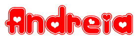 The image is a clipart featuring the word Andreia written in a stylized font with a heart shape replacing inserted into the center of each letter. The color scheme of the text and hearts is red with a light outline.